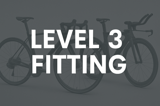Create a image that will be used as a Thumbnail image, With White Text  that says "Level 3 Fitting" and dull image of a Road Bike and A Triathlon bike in the background.
