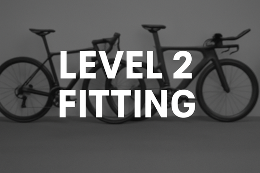 Create a image that will be used as a Thumbnail image, With White Text, using capital letters that says "Level 2 Fitting" and dull image of a Road Bike and Triathlon Bike in the background.